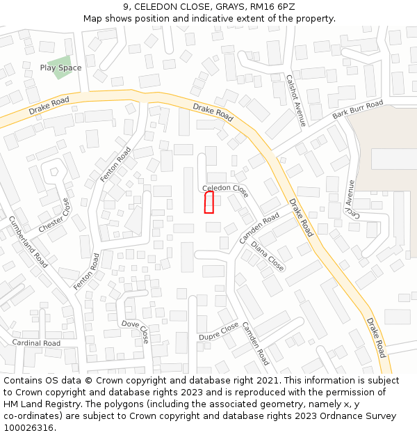 9, CELEDON CLOSE, GRAYS, RM16 6PZ: Location map and indicative extent of plot