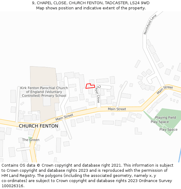 9, CHAPEL CLOSE, CHURCH FENTON, TADCASTER, LS24 9WD: Location map and indicative extent of plot