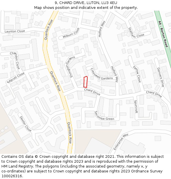 9, CHARD DRIVE, LUTON, LU3 4EU: Location map and indicative extent of plot