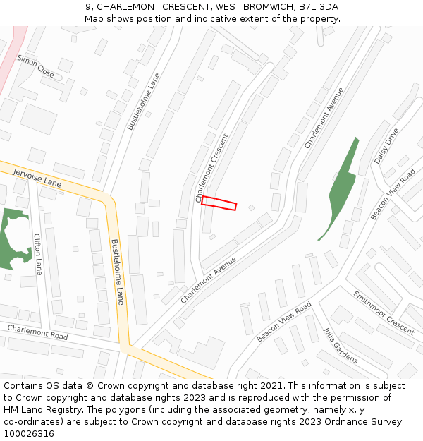 9, CHARLEMONT CRESCENT, WEST BROMWICH, B71 3DA: Location map and indicative extent of plot