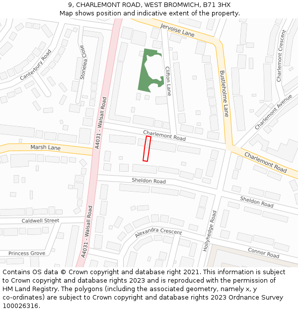 9, CHARLEMONT ROAD, WEST BROMWICH, B71 3HX: Location map and indicative extent of plot