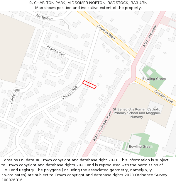 9, CHARLTON PARK, MIDSOMER NORTON, RADSTOCK, BA3 4BN: Location map and indicative extent of plot