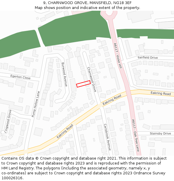 9, CHARNWOOD GROVE, MANSFIELD, NG18 3EF: Location map and indicative extent of plot