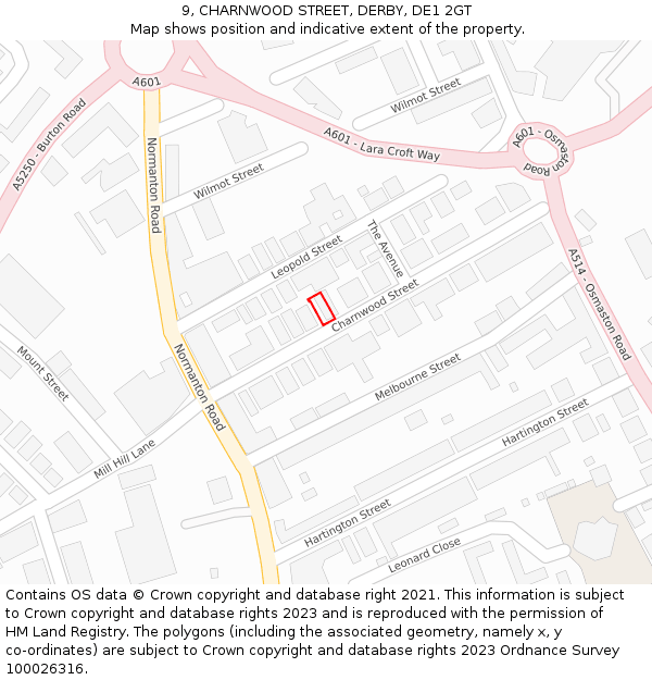 9, CHARNWOOD STREET, DERBY, DE1 2GT: Location map and indicative extent of plot