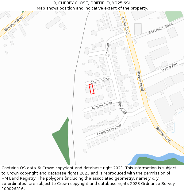 9, CHERRY CLOSE, DRIFFIELD, YO25 6SL: Location map and indicative extent of plot
