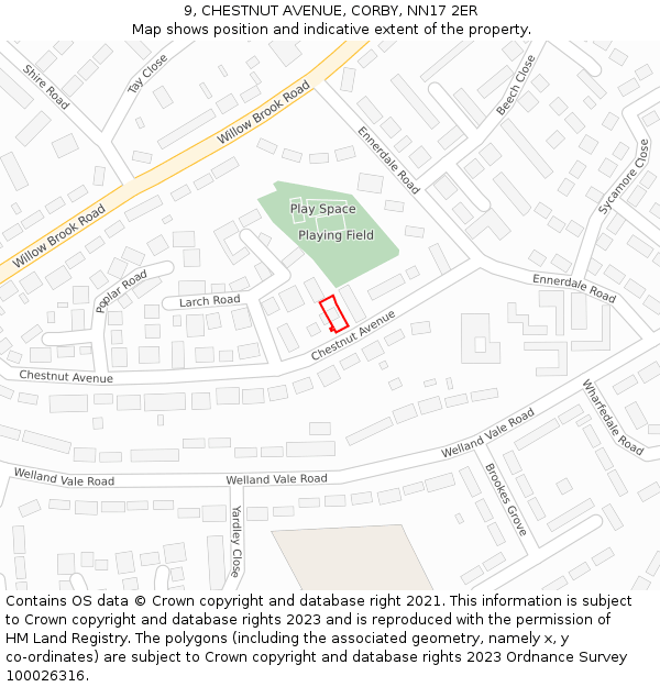 9, CHESTNUT AVENUE, CORBY, NN17 2ER: Location map and indicative extent of plot