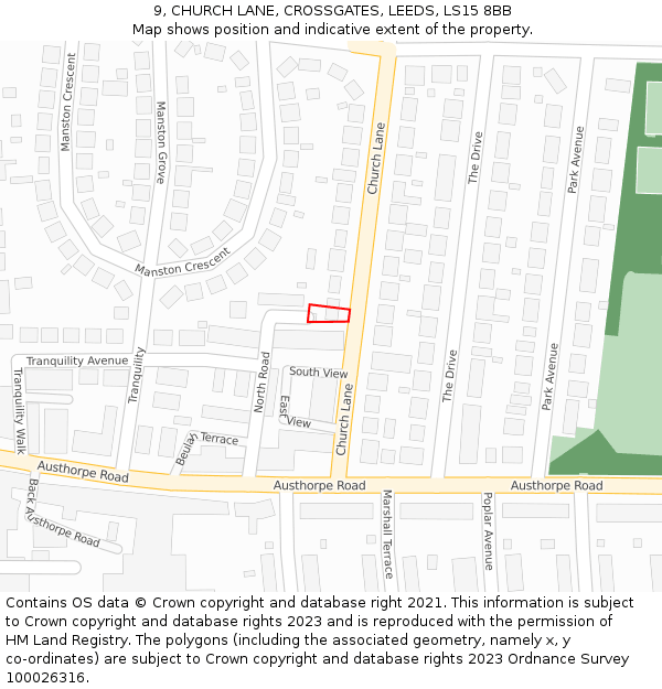 9, CHURCH LANE, CROSSGATES, LEEDS, LS15 8BB: Location map and indicative extent of plot