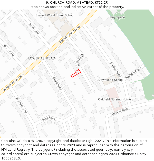 9, CHURCH ROAD, ASHTEAD, KT21 2RJ: Location map and indicative extent of plot