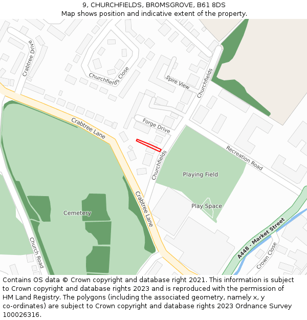 9, CHURCHFIELDS, BROMSGROVE, B61 8DS: Location map and indicative extent of plot