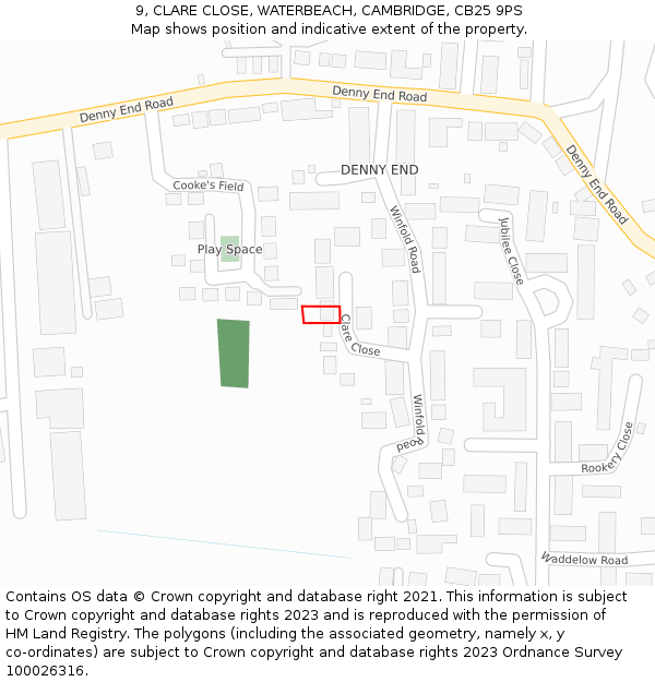 9, CLARE CLOSE, WATERBEACH, CAMBRIDGE, CB25 9PS: Location map and indicative extent of plot