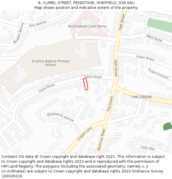 9, CLAREL STREET, PENISTONE, SHEFFIELD, S36 6AU: Location map and indicative extent of plot