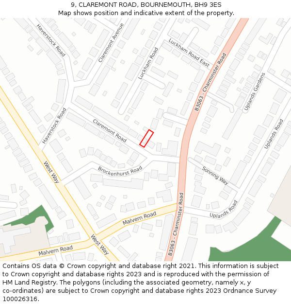 9, CLAREMONT ROAD, BOURNEMOUTH, BH9 3ES: Location map and indicative extent of plot