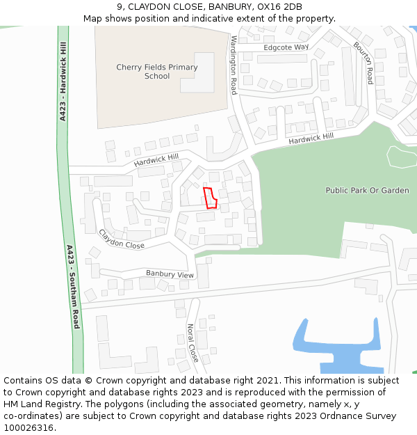 9, CLAYDON CLOSE, BANBURY, OX16 2DB: Location map and indicative extent of plot
