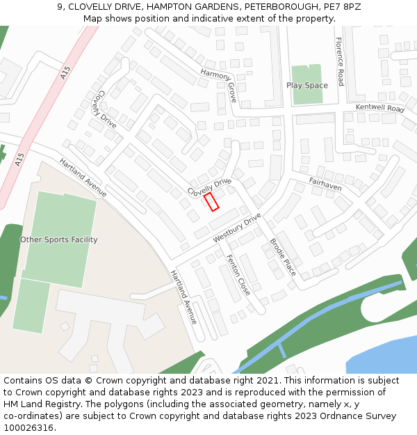 9, CLOVELLY DRIVE, HAMPTON GARDENS, PETERBOROUGH, PE7 8PZ: Location map and indicative extent of plot
