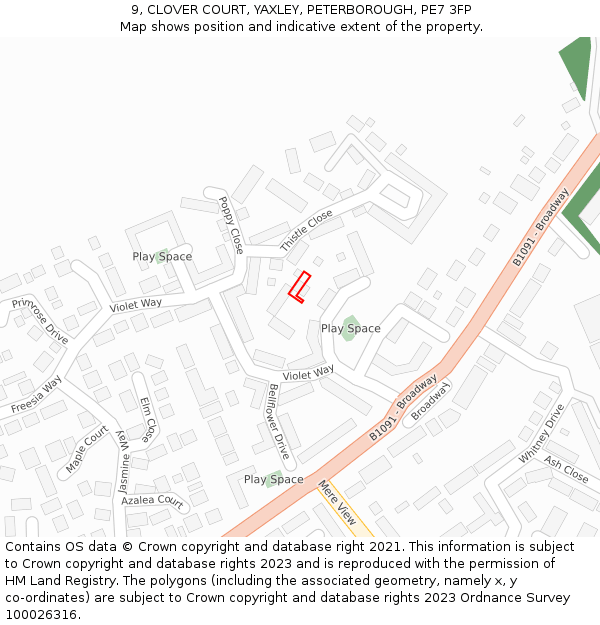 9, CLOVER COURT, YAXLEY, PETERBOROUGH, PE7 3FP: Location map and indicative extent of plot