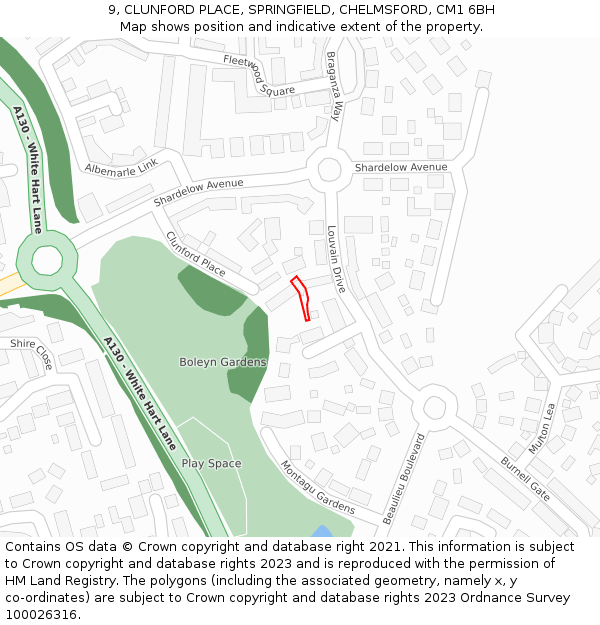9, CLUNFORD PLACE, SPRINGFIELD, CHELMSFORD, CM1 6BH: Location map and indicative extent of plot