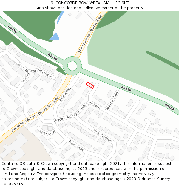 9, CONCORDE ROW, WREXHAM, LL13 9LZ: Location map and indicative extent of plot