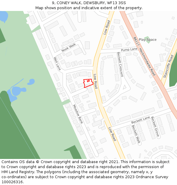 9, CONEY WALK, DEWSBURY, WF13 3SS: Location map and indicative extent of plot