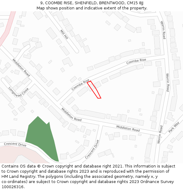9, COOMBE RISE, SHENFIELD, BRENTWOOD, CM15 8JJ: Location map and indicative extent of plot