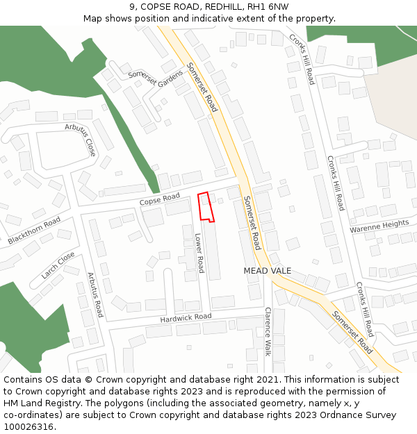 9, COPSE ROAD, REDHILL, RH1 6NW: Location map and indicative extent of plot