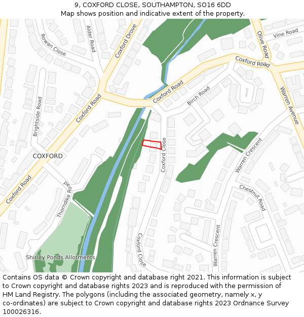 9, COXFORD CLOSE, SOUTHAMPTON, SO16 6DD: Location map and indicative extent of plot