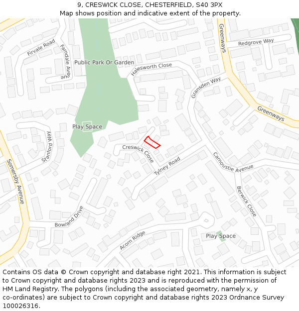 9, CRESWICK CLOSE, CHESTERFIELD, S40 3PX: Location map and indicative extent of plot