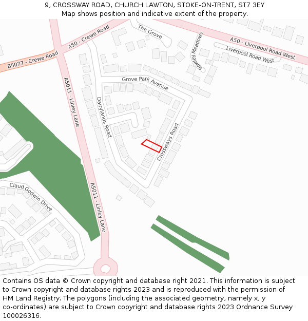 9, CROSSWAY ROAD, CHURCH LAWTON, STOKE-ON-TRENT, ST7 3EY: Location map and indicative extent of plot