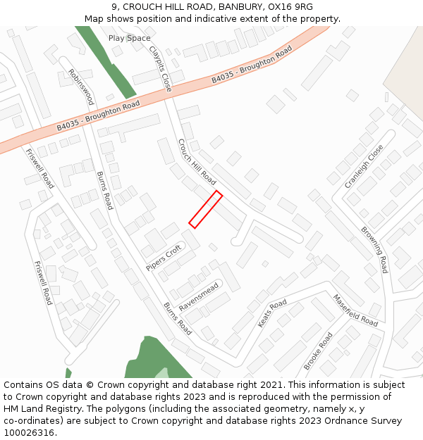 9, CROUCH HILL ROAD, BANBURY, OX16 9RG: Location map and indicative extent of plot