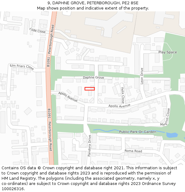 9, DAPHNE GROVE, PETERBOROUGH, PE2 8SE: Location map and indicative extent of plot