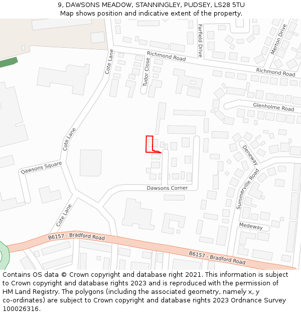 9, DAWSONS MEADOW, STANNINGLEY, PUDSEY, LS28 5TU: Location map and indicative extent of plot