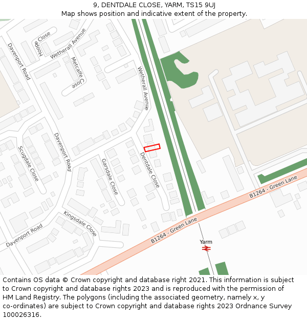 9, DENTDALE CLOSE, YARM, TS15 9UJ: Location map and indicative extent of plot