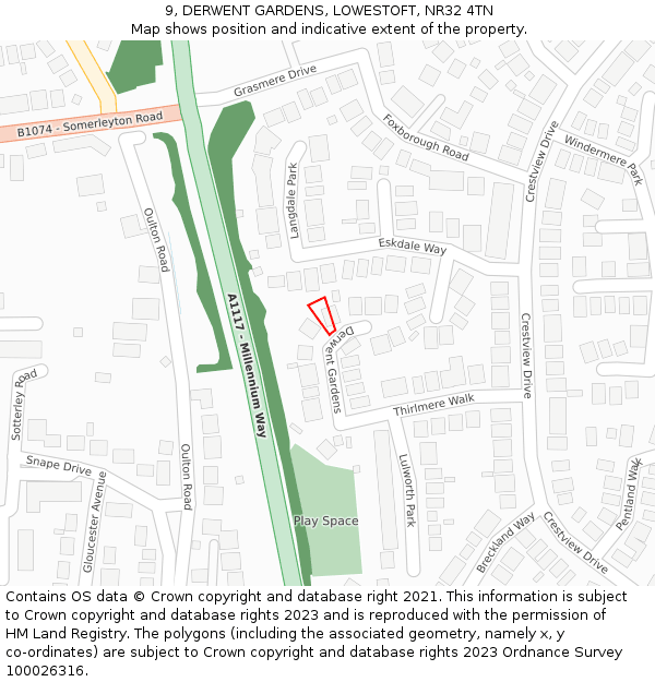 9, DERWENT GARDENS, LOWESTOFT, NR32 4TN: Location map and indicative extent of plot