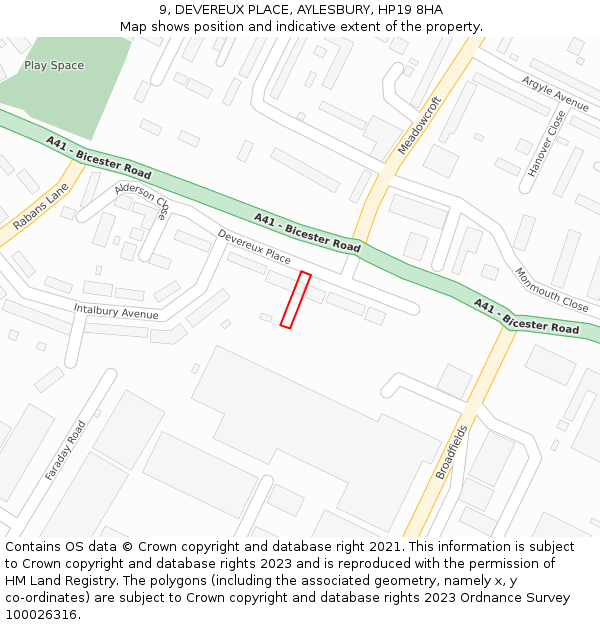 9, DEVEREUX PLACE, AYLESBURY, HP19 8HA: Location map and indicative extent of plot