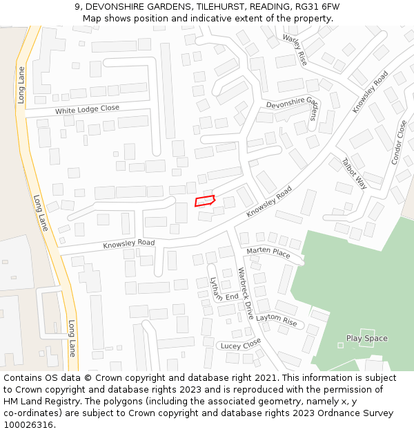 9, DEVONSHIRE GARDENS, TILEHURST, READING, RG31 6FW: Location map and indicative extent of plot
