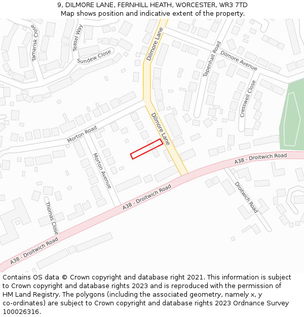 9, DILMORE LANE, FERNHILL HEATH, WORCESTER, WR3 7TD: Location map and indicative extent of plot