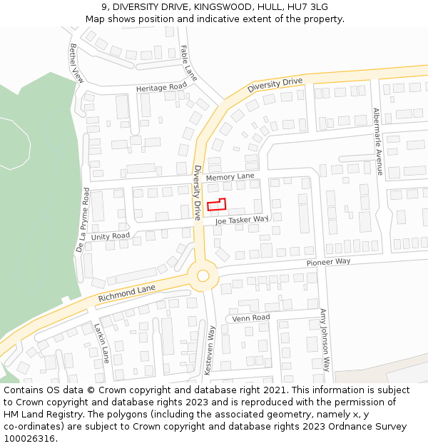 9, DIVERSITY DRIVE, KINGSWOOD, HULL, HU7 3LG: Location map and indicative extent of plot