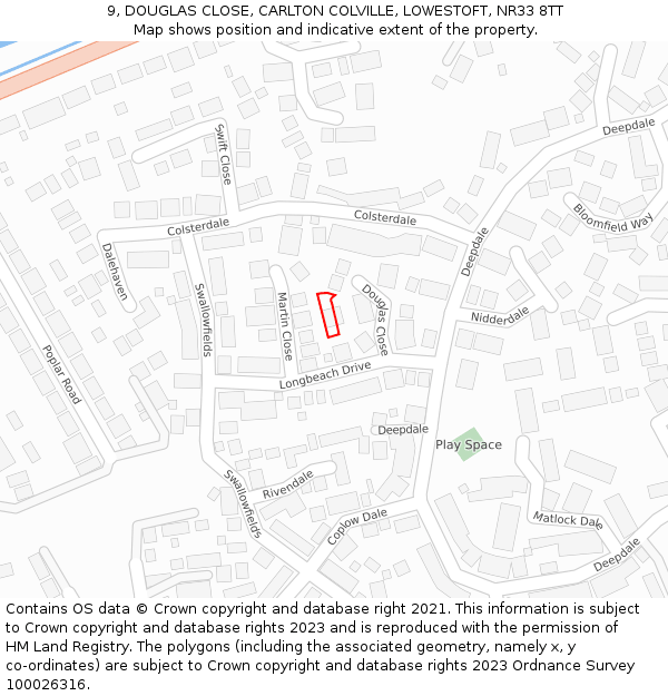 9, DOUGLAS CLOSE, CARLTON COLVILLE, LOWESTOFT, NR33 8TT: Location map and indicative extent of plot