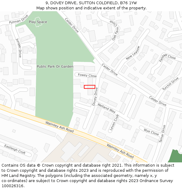 9, DOVEY DRIVE, SUTTON COLDFIELD, B76 1YW: Location map and indicative extent of plot