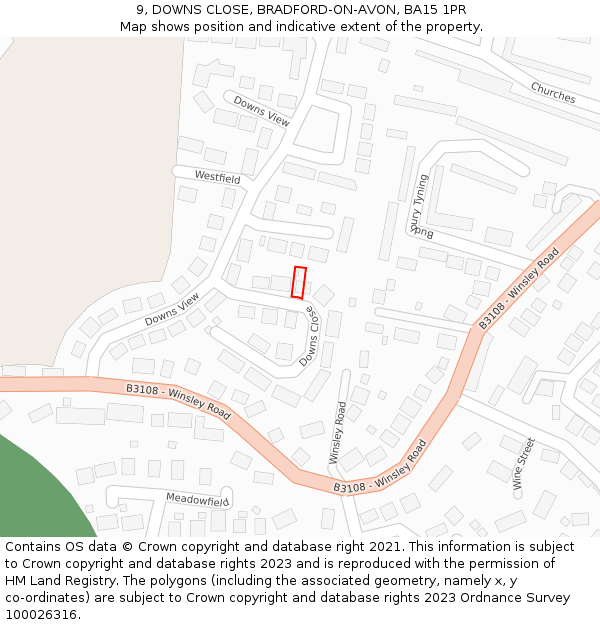 9, DOWNS CLOSE, BRADFORD-ON-AVON, BA15 1PR: Location map and indicative extent of plot