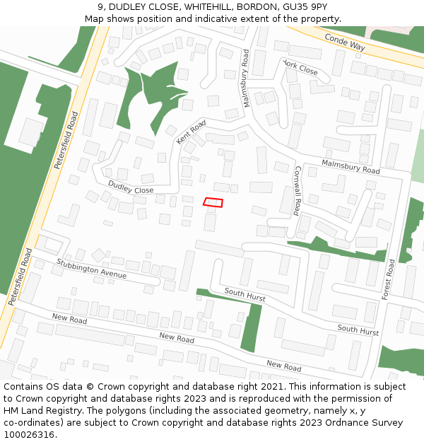 9, DUDLEY CLOSE, WHITEHILL, BORDON, GU35 9PY: Location map and indicative extent of plot