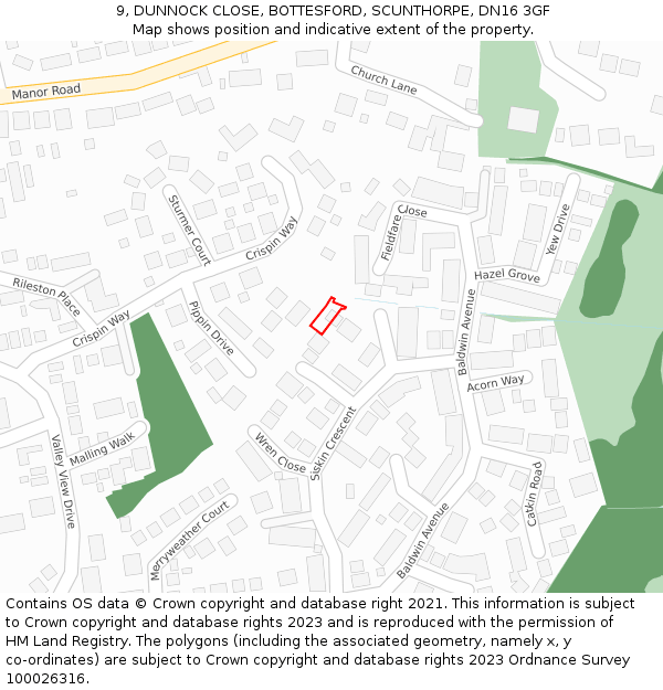 9, DUNNOCK CLOSE, BOTTESFORD, SCUNTHORPE, DN16 3GF: Location map and indicative extent of plot