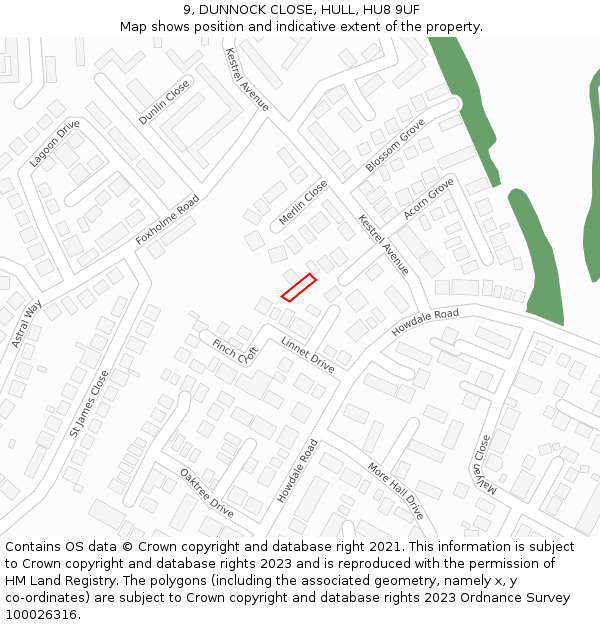 9, DUNNOCK CLOSE, HULL, HU8 9UF: Location map and indicative extent of plot