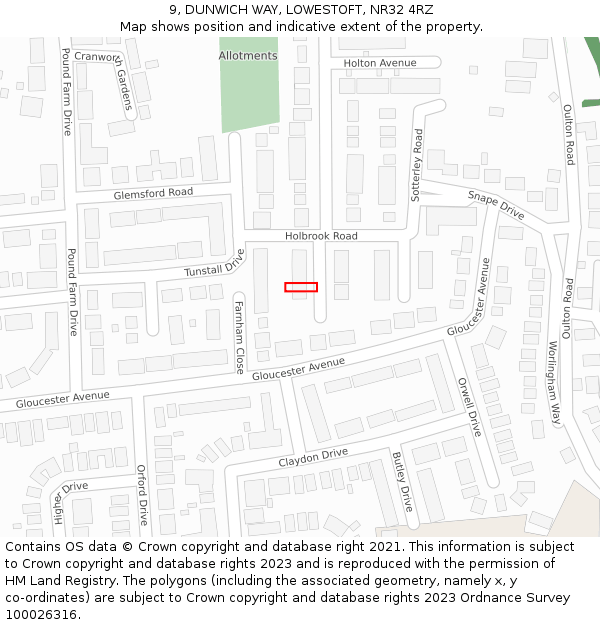 9, DUNWICH WAY, LOWESTOFT, NR32 4RZ: Location map and indicative extent of plot
