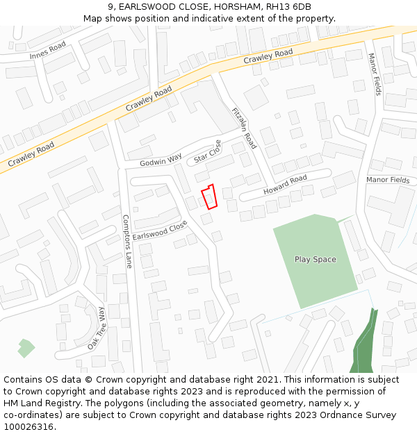 9, EARLSWOOD CLOSE, HORSHAM, RH13 6DB: Location map and indicative extent of plot