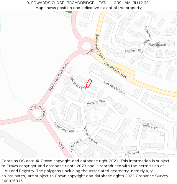 9, EDWARDS CLOSE, BROADBRIDGE HEATH, HORSHAM, RH12 3PL: Location map and indicative extent of plot