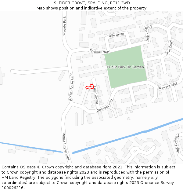 9, EIDER GROVE, SPALDING, PE11 3WD: Location map and indicative extent of plot