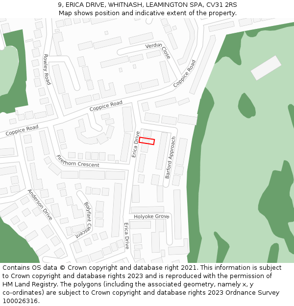 9, ERICA DRIVE, WHITNASH, LEAMINGTON SPA, CV31 2RS: Location map and indicative extent of plot