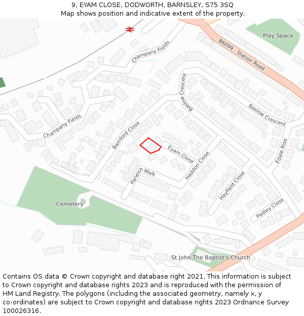 9, EYAM CLOSE, DODWORTH, BARNSLEY, S75 3SQ: Location map and indicative extent of plot