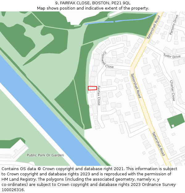 9, FAIRFAX CLOSE, BOSTON, PE21 9QL: Location map and indicative extent of plot