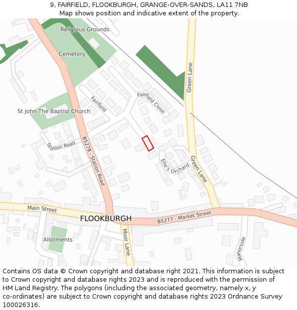 9, FAIRFIELD, FLOOKBURGH, GRANGE-OVER-SANDS, LA11 7NB: Location map and indicative extent of plot